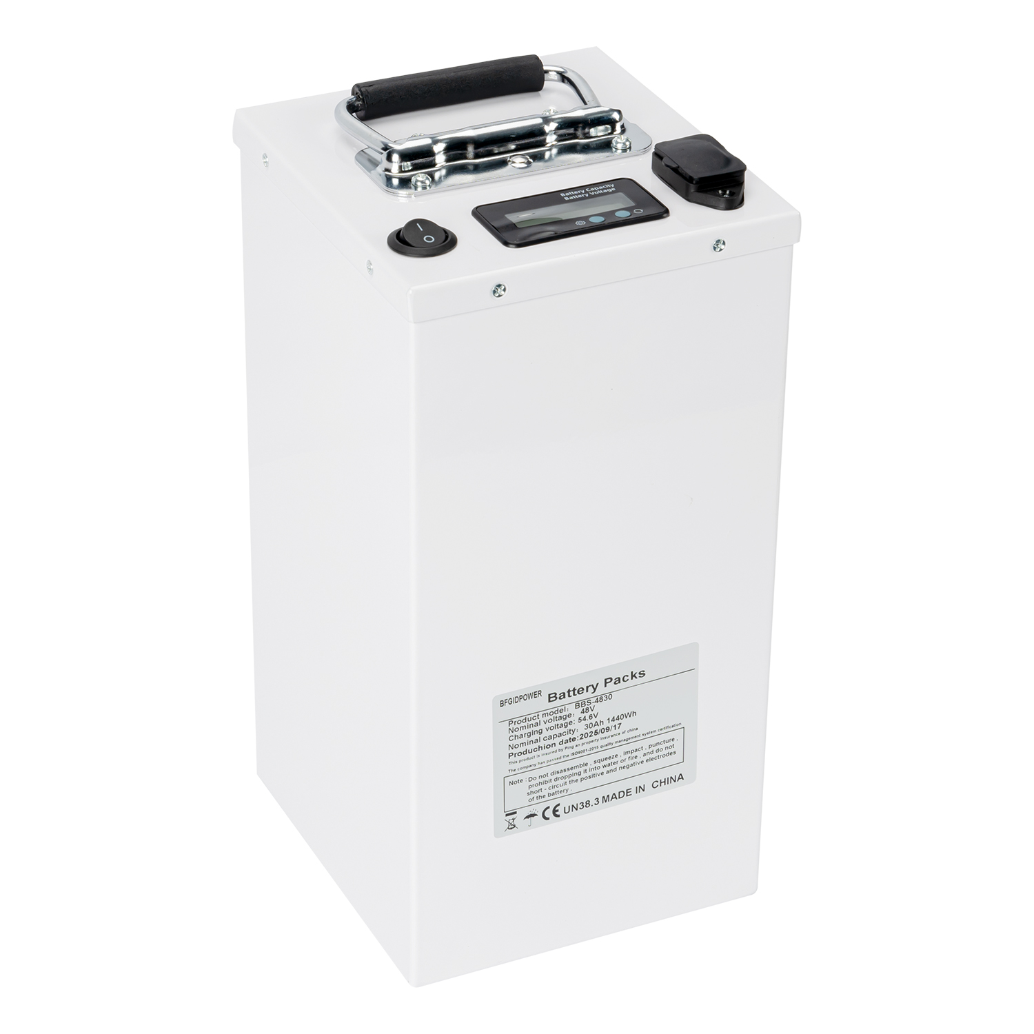 Batterie de lithium de moteur électronique personnalisé produit par le fabricant 48V 30AH avec indecatrice de puissance, port de charge, interrupteur d'alimentation et poignée